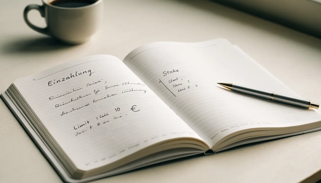Ein aufgeschlagenes Notizbuch mit handschriftlichen Notizen und ein Kugelschreiber liegen auf einem hellen Schreibtisch neben einer Kaffeetasse.