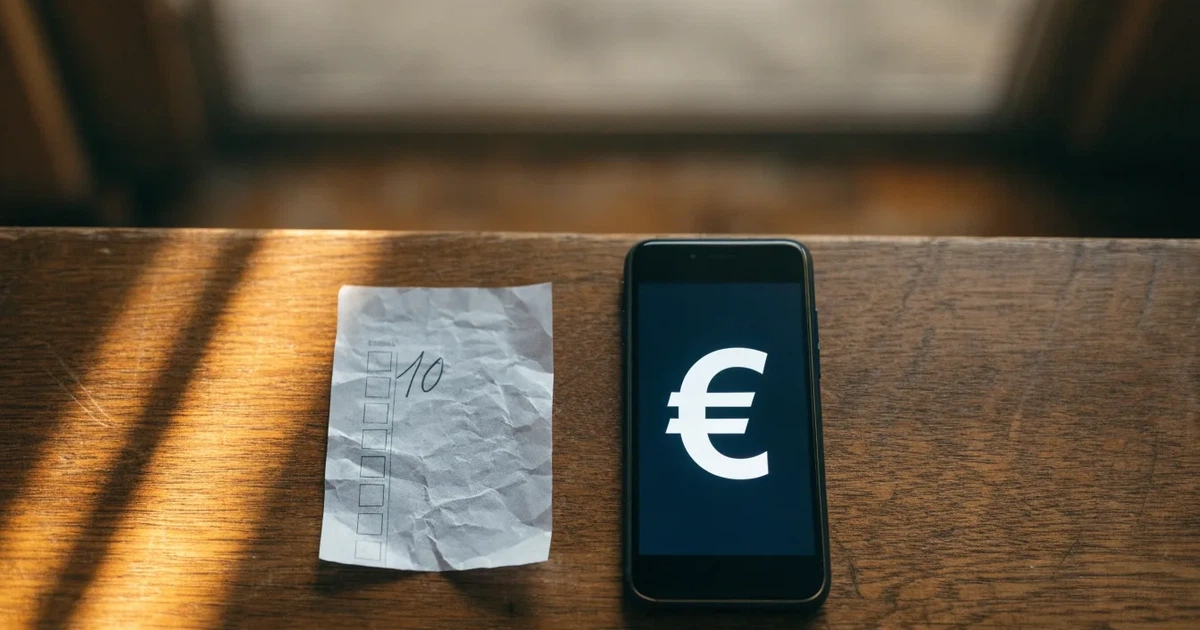 Ein Smartphone liegt mit dem Display nach unten auf einem Holztisch, daneben ein paar Euro-Münzen und eine unbeschriftete Plastikkarte im Morgenlicht.