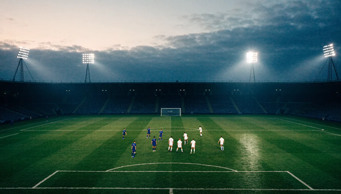 Ein Fußballplatz mit Flutlichtmasten in der Abenddämmerung, aus der Ferne gesehen, leere Tribünen und nasser Rasen unter bewölktem Himmel.