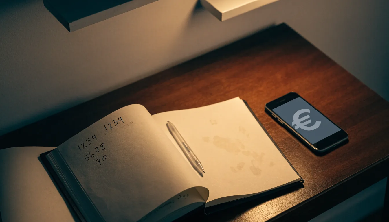 Ein Taschenrechner und ein Blatt Papier mit handschriftlichen Notizen liegen auf einem Schreibtisch unter dem warmen Licht einer Lampe.