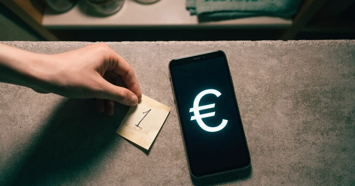Eine Hand legt ein paar Münzen neben ein umgedrehtes Smartphone auf eine graue Tischplatte, dahinter verschwommen ein Küchenregal.