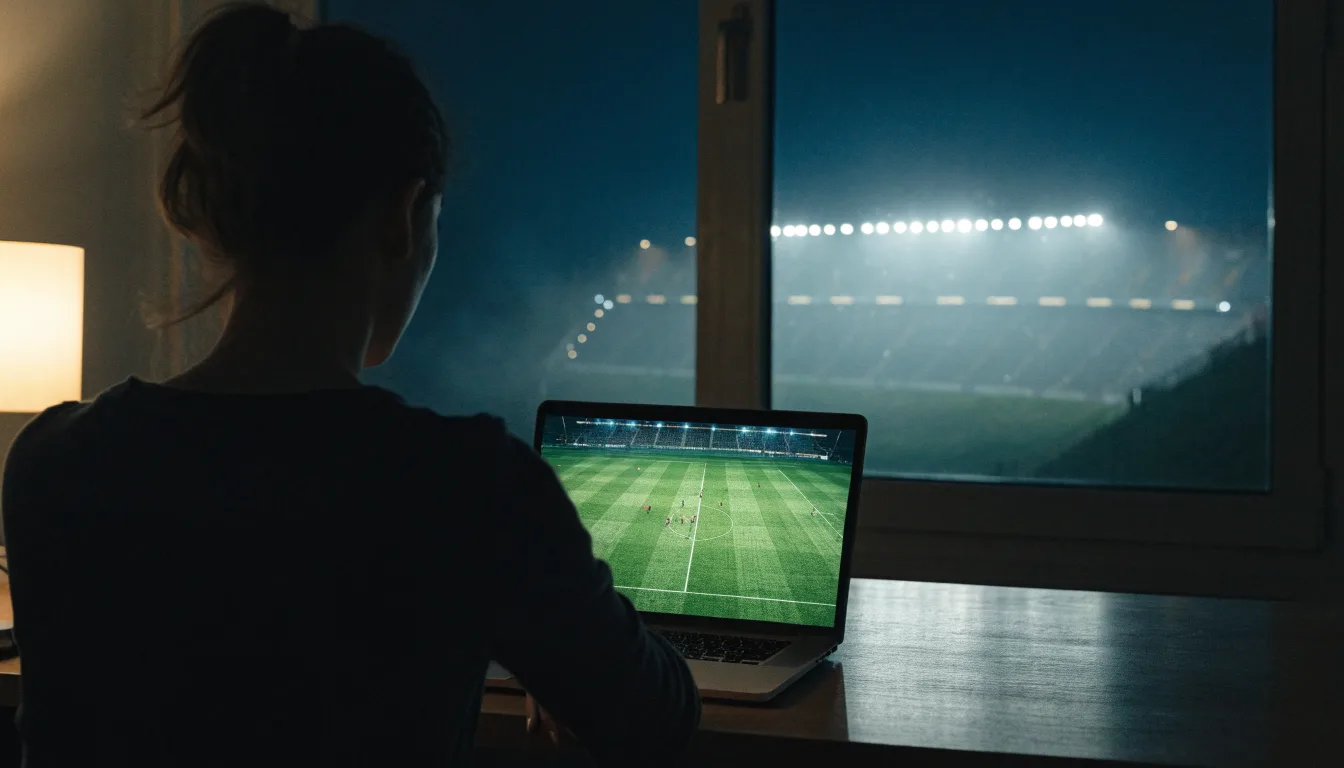 Ein Stadion unter Flutlicht bei Nacht, von einem Hügel aus der Ferne betrachtet, mit Dunst über dem Spielfeld.