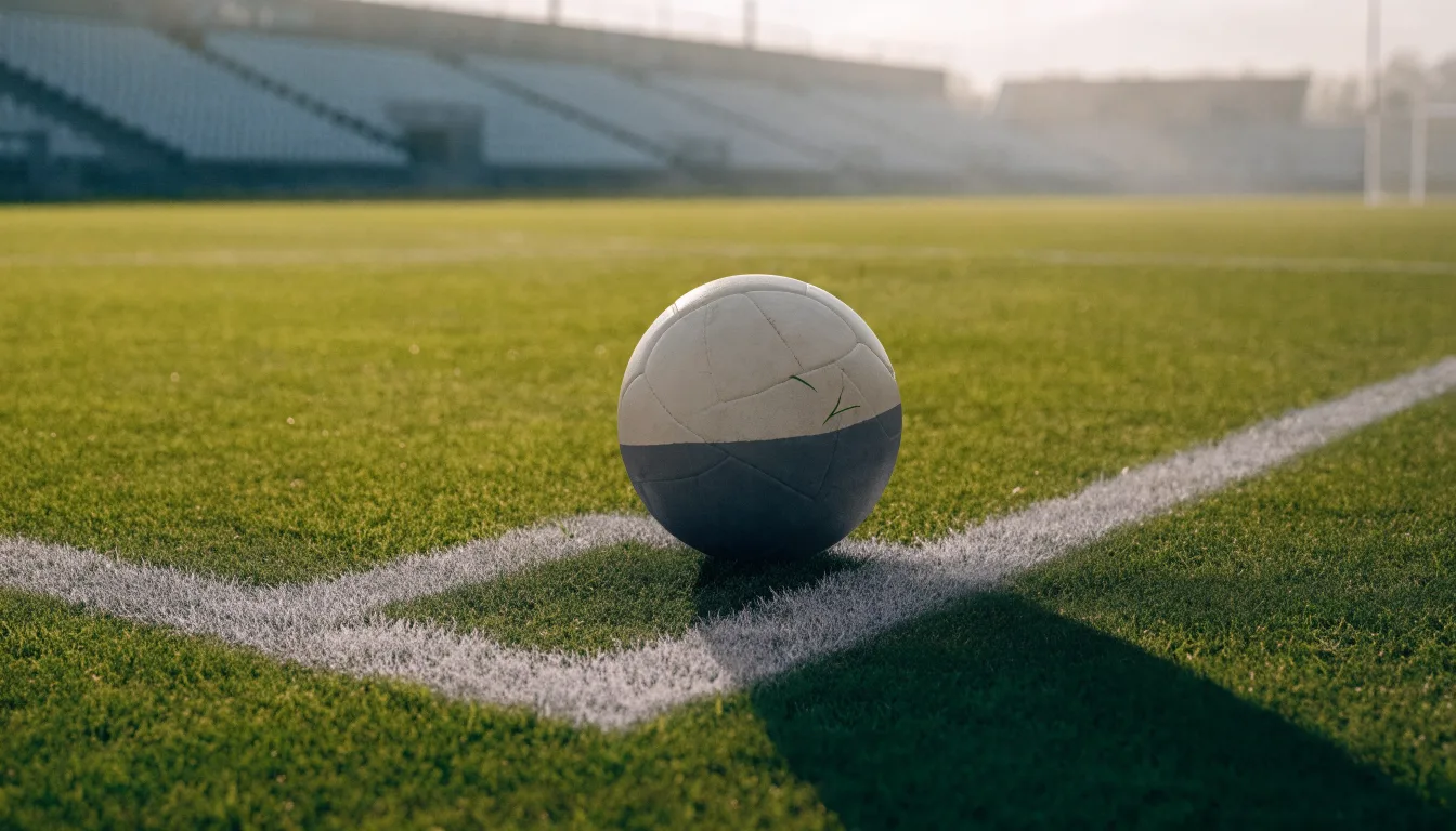 Ein Fußball liegt auf dem Elfmeterpunkt eines leeren Rasenplatzes, im Hintergrund eine Tribüne im Dunst.