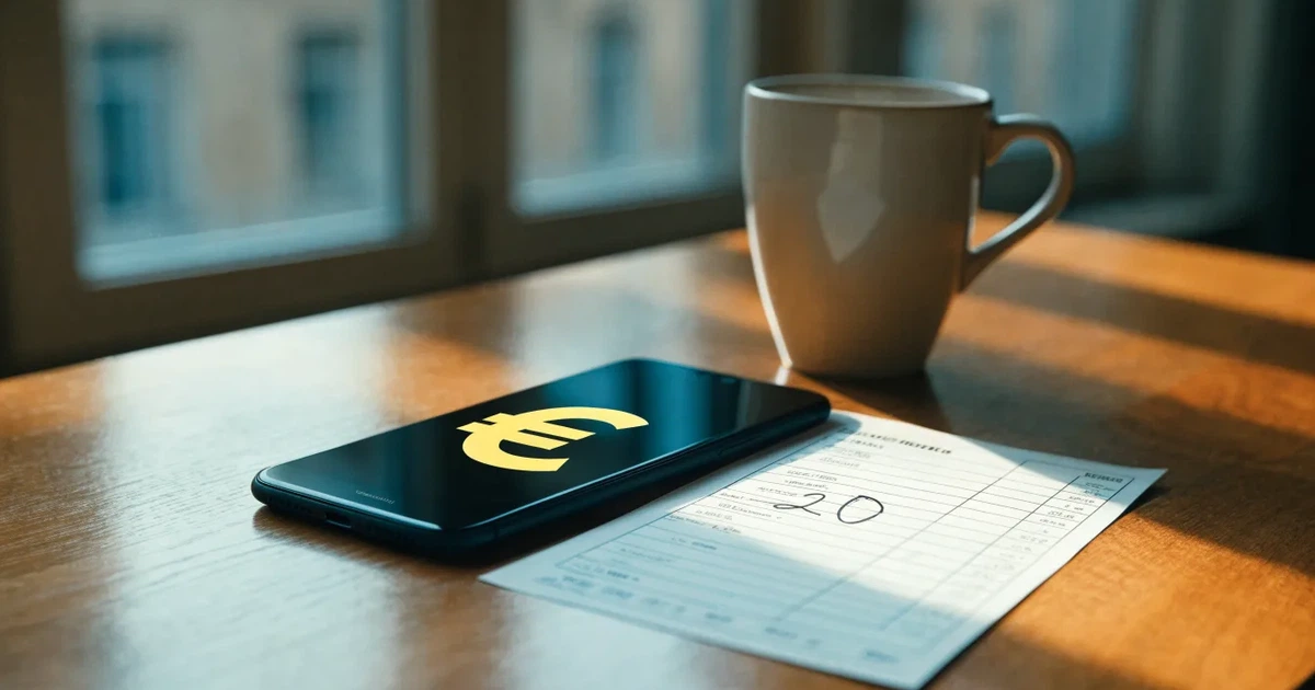 Zwei Euro-Scheine und ein Smartphone liegen auf einem Holztisch neben einer Tasse, im Hintergrund ein unscharfes Fenster.