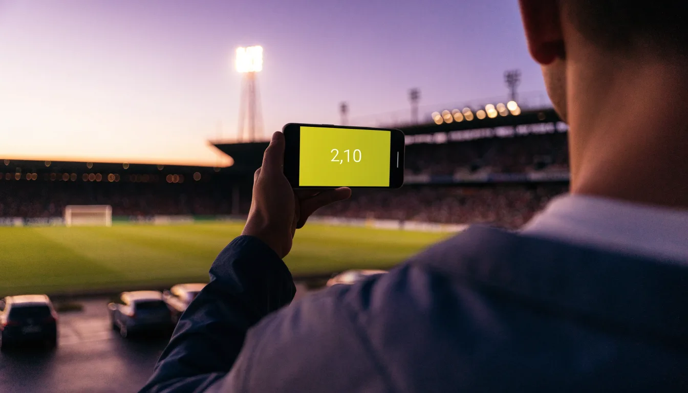 Ein Fußballstadion von außen in der Dämmerung, hohe Flutlichtmasten vor einem violetten Himmel, davor ein leerer Parkplatz.