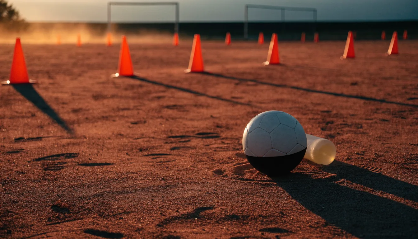 Ein Fußball auf rotem Sandboden neben einer Reihe Hütchen auf einem Trainingsplatz bei untergehender Sonne.