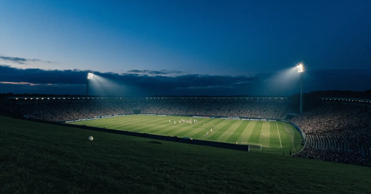 Ein Fußballstadion unter Flutlicht mit hellen Rängen, von einem Hügel aus gesehen, darüber ein dunkelblauer Abendhimmel.