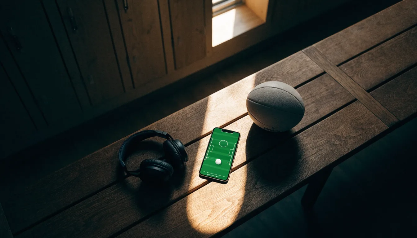 Ein Fußball liegt neben Kopfhörern auf einer Holzbank in einer Umkleide, Licht fällt durch ein schmales Fenster.