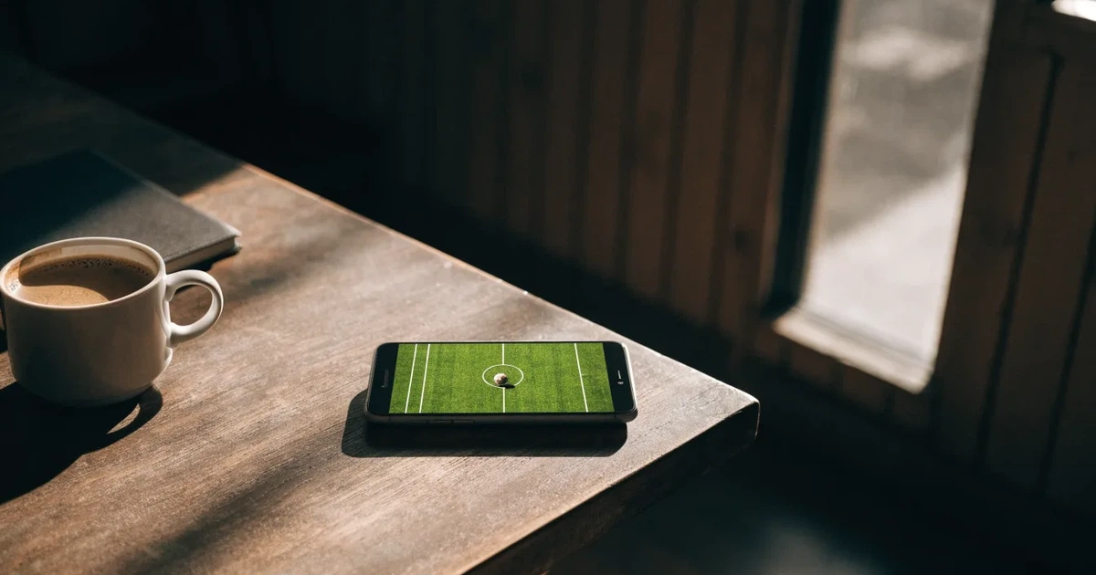 Ein Smartphone mit dunklem Bildschirm liegt auf einem Tisch in einem Café, daneben eine Tasse und ein Notizbuch.