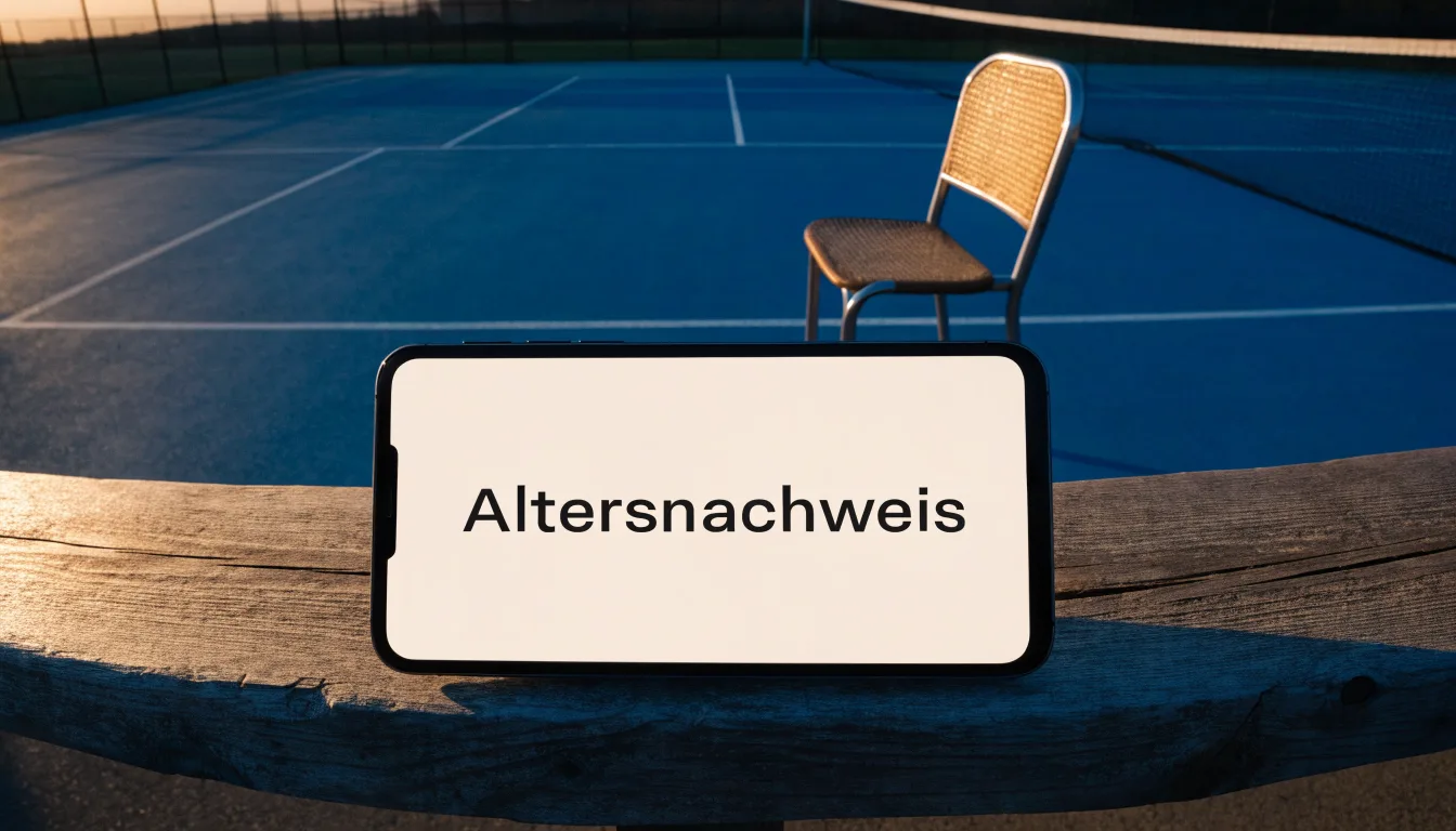 Ein leerer Schiedsrichterstuhl am Spielfeldrand eines Tennisplatzes im Abendlicht, lange Schatten auf dem Belag.