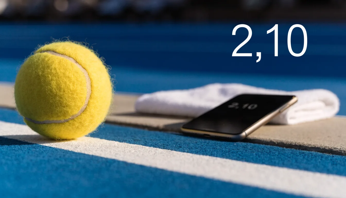 Ein gelber Tennisball liegt auf einer weißen Linie, daneben ein Handtuch auf einer Bank am Spielfeldrand.