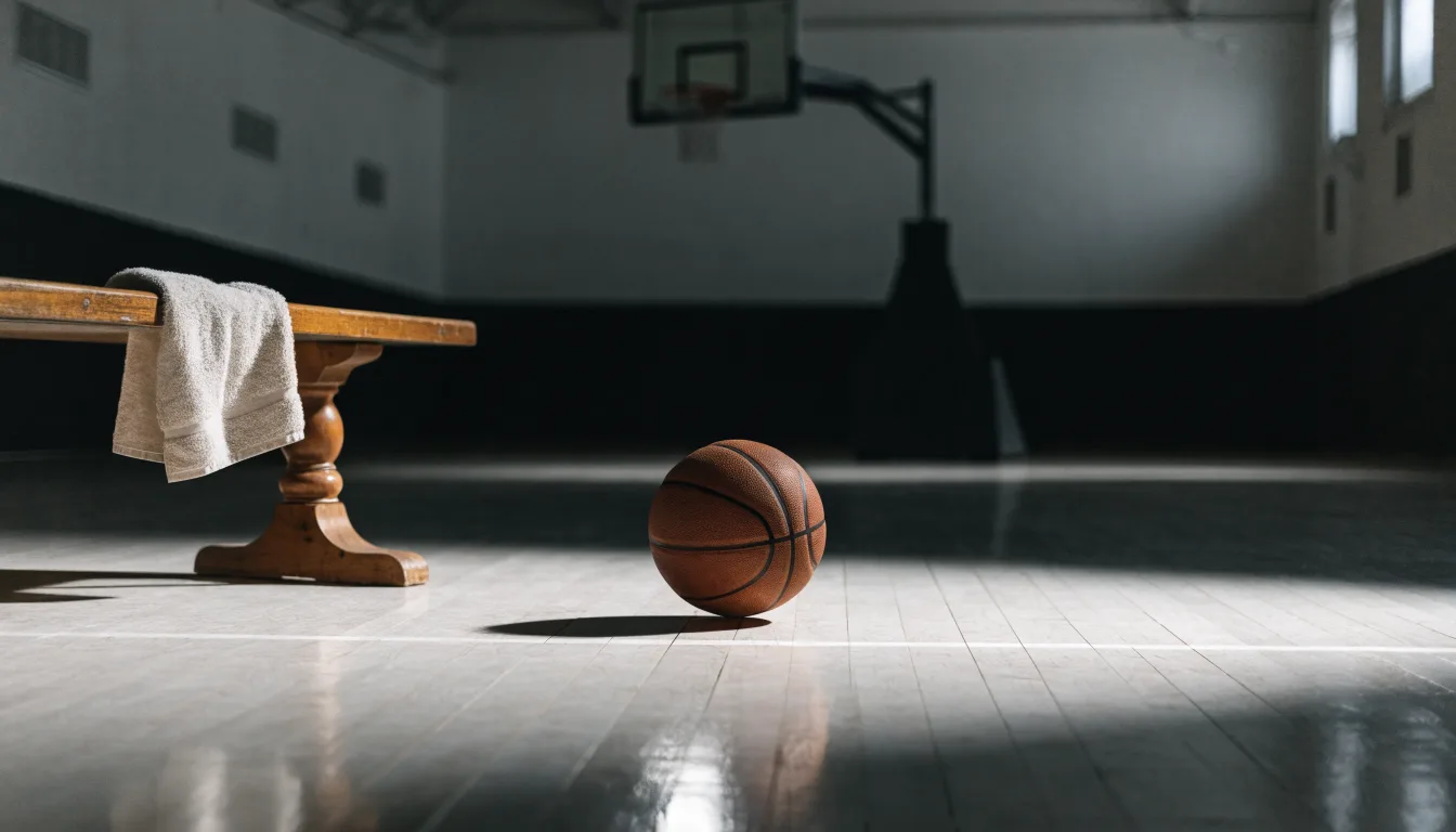 Ein Basketball liegt auf der Freiwurflinie einer Halle, im Vordergrund ein Handtuch auf einer Bank.