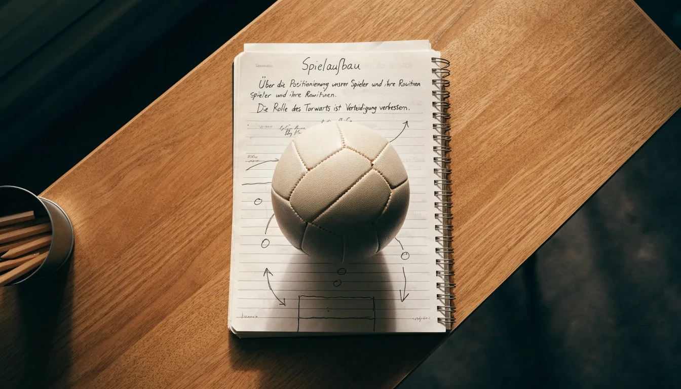 Ein Fußball liegt auf einem Notizbuch mit handgezeichneten Skizzen von Spielzügen, aufgenommen von oben auf einem Holztisch.