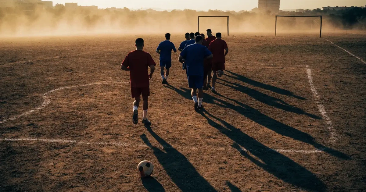Ein sandiger Fußballplatz am Rand einer Stadt in warmem Abendlicht, Staub in der Luft und zwei Tore in der Ferne.