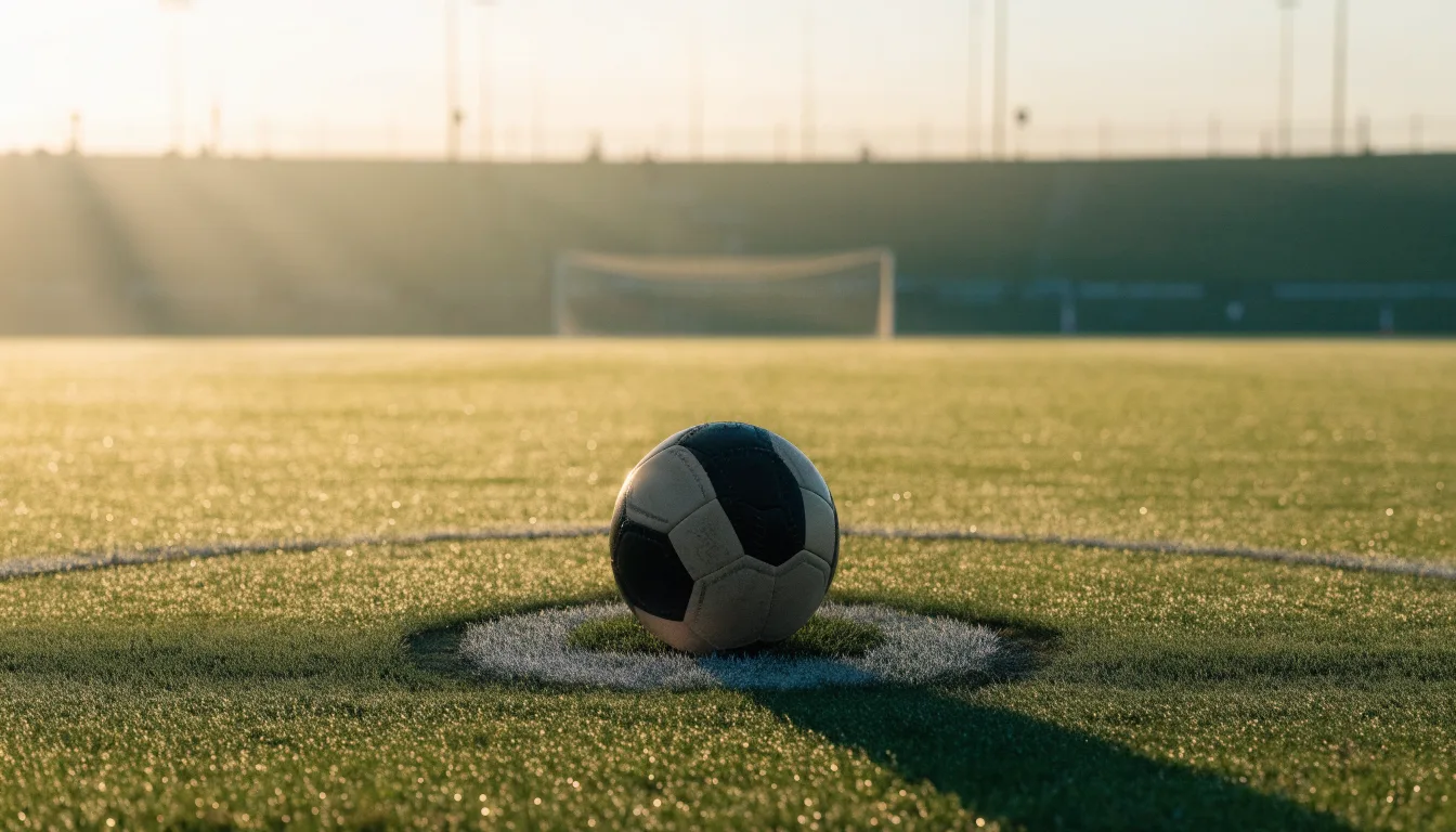 Ein Fußball liegt auf dem Anstoßpunkt eines Rasens bei Sonnenaufgang, Tau glitzert auf den Halmen.