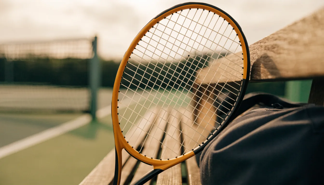 Ein Tennisschläger lehnt an einer Bank neben einer Sporttasche, im Hintergrund ein leerer Platz.