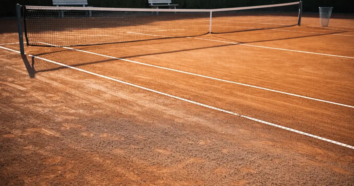 Ein Sandplatz mit frisch gezogenen Linien in der Nachmittagssonne, Netz und Ballkorb am Rand, keine Menschen.