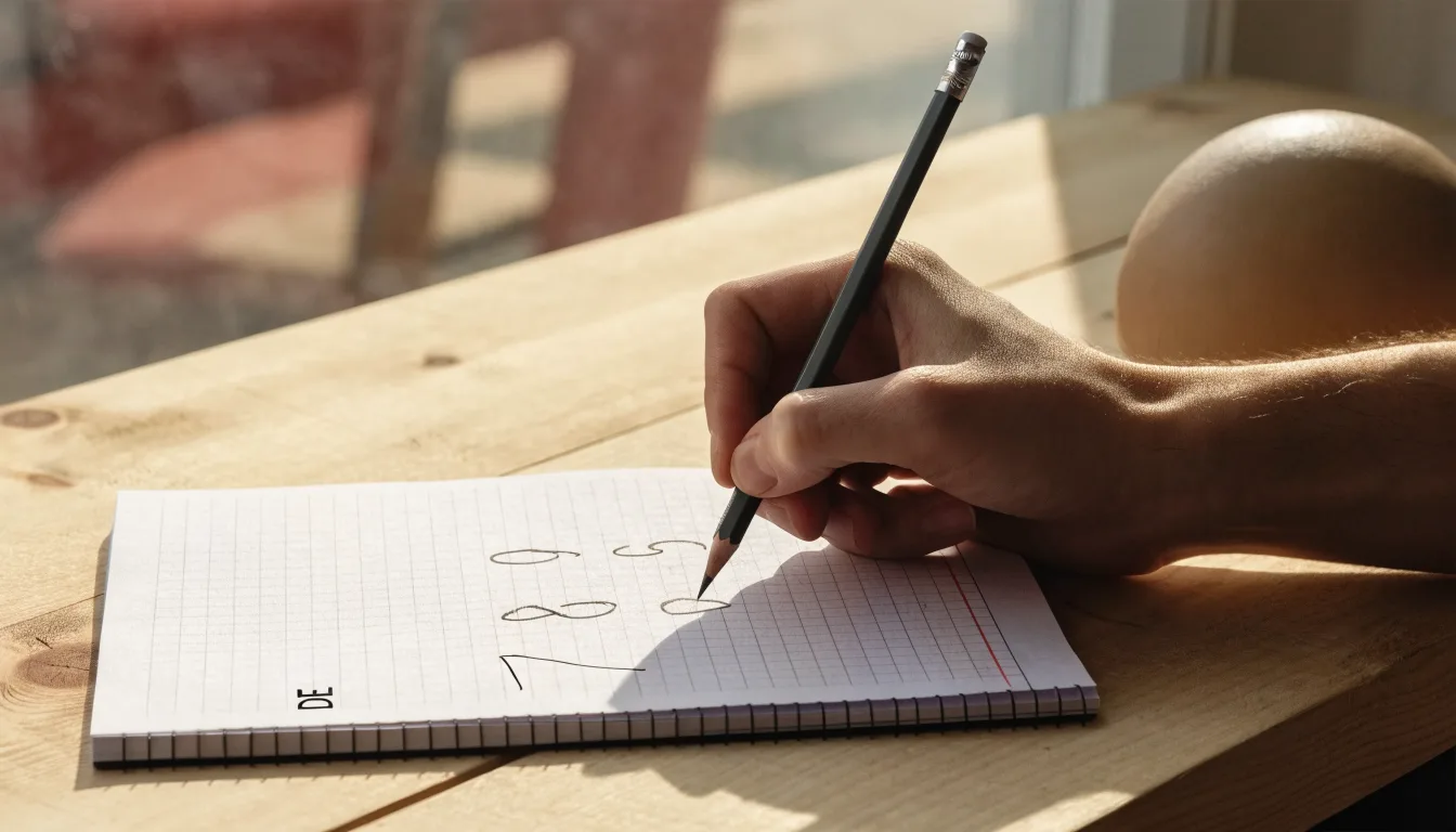 Eine Hand notiert mit Bleistift Zahlen in ein kariertes Heft, daneben liegt ein kleiner Lederfußball auf einer Holzplatte.
