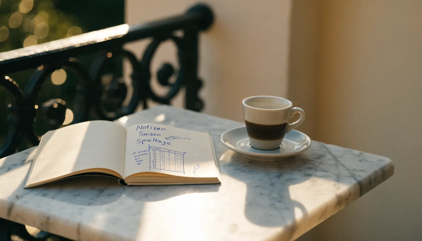 Eine Espressotasse steht auf einem kleinen Marmortisch einer Terrasse, daneben ein Notizheft mit handschriftlichen Skizzen.