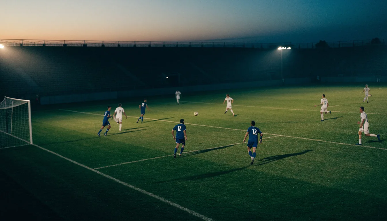 Eine leere Stadiontribüne unter Flutlicht aus der Ferne betrachtet, die Rasenfläche leuchtet grün in der Dämmerung.