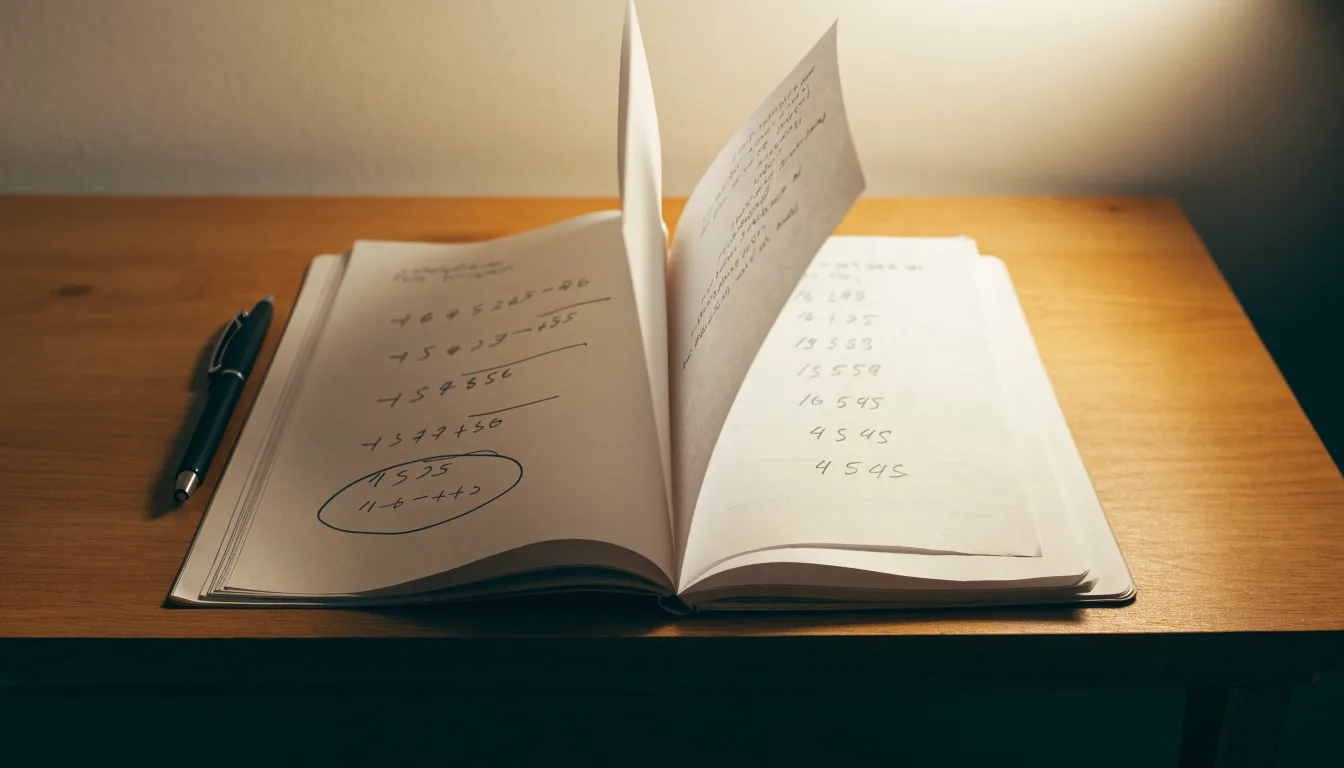 Ein Notizbuch mit handschriftlichen Rechnungen und ein Taschenrechner liegen auf einem aufgeräumten Schreibtisch in warmem Licht.