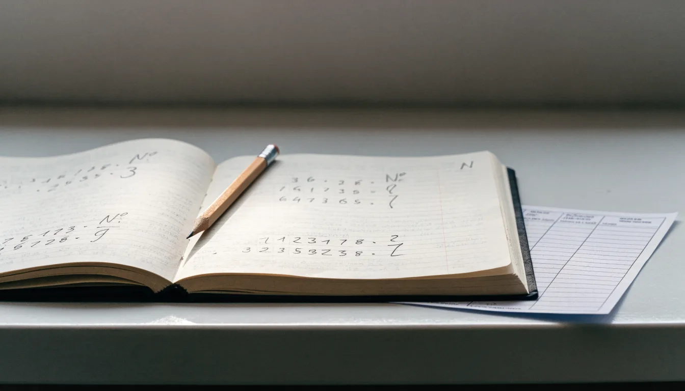 Ein Taschenrechner, ein Bleistift und ein Block mit handschriftlichen Zahlenreihen liegen auf einer grauen Arbeitsfläche.