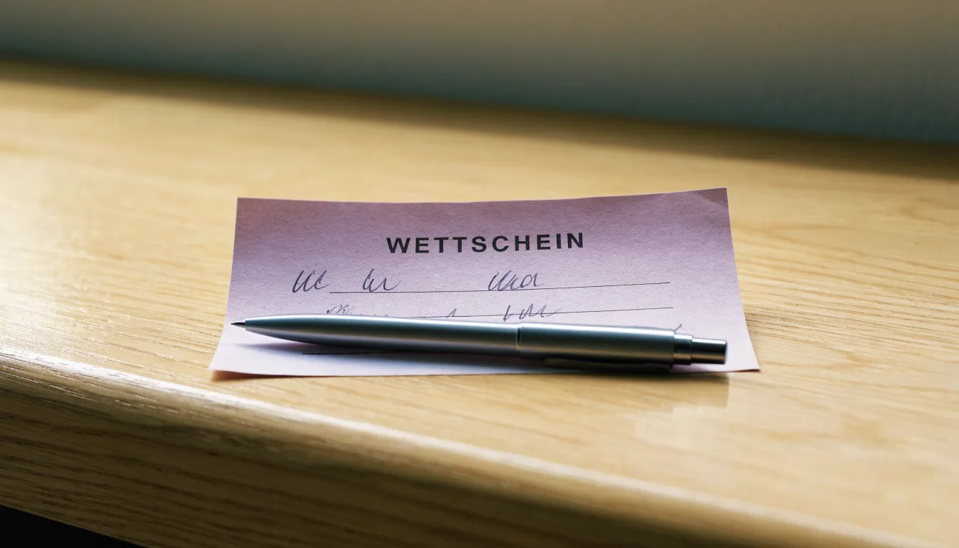 Ein leerer Papier-Wettschein und ein Kugelschreiber liegen auf einer Theke aus hellem Holz im Tageslicht.