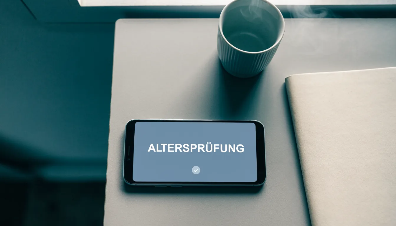 Ein Smartphone liegt mit dunklem Display auf einem Schreibtisch neben einem Notizbuch und einer Kaffeetasse.