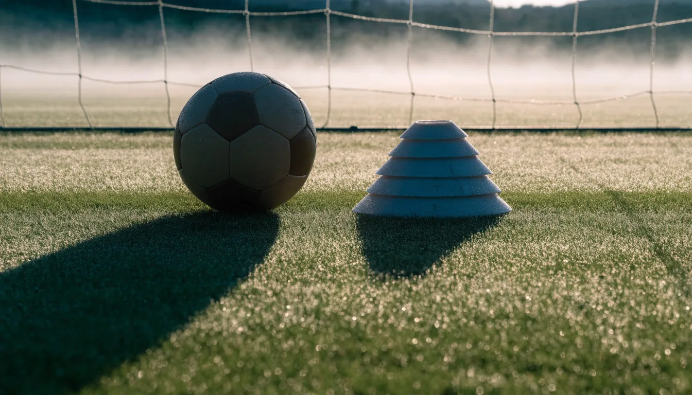 Ein Fußball liegt auf einem Rasenplatz bei Sonnenaufgang, daneben ein kleiner Stapel Trainingshütchen.