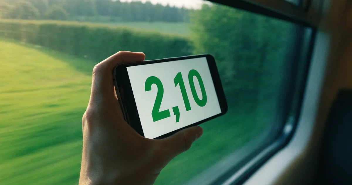 Eine Hand hält ein Smartphone mit dunklem Display in einem Zug, am Fenster ziehen verschwommen Felder vorbei.