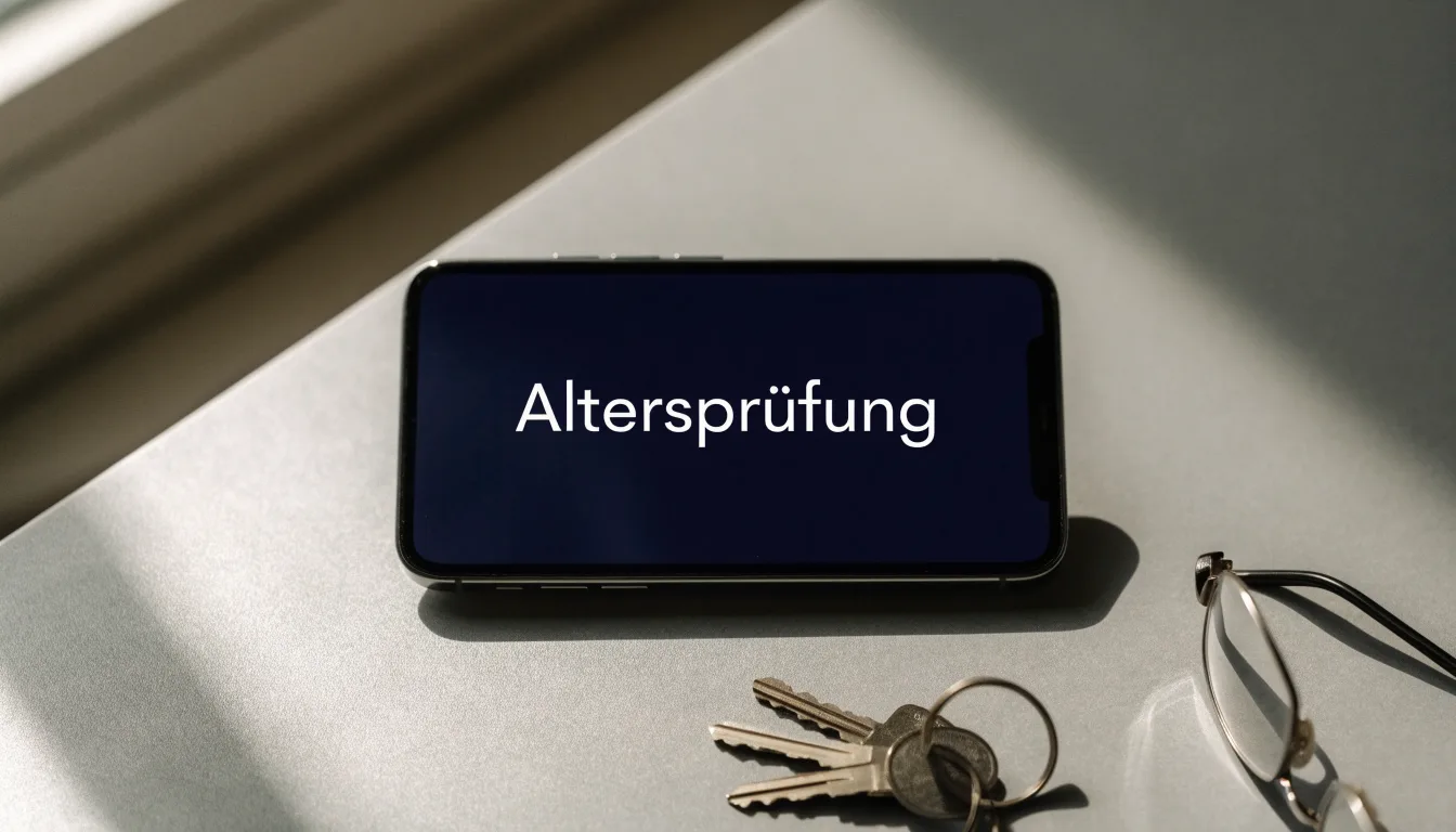 Ein Smartphone liegt mit dunklem Display auf einem Schreibtisch neben einem Schlüsselbund und einer Brille.