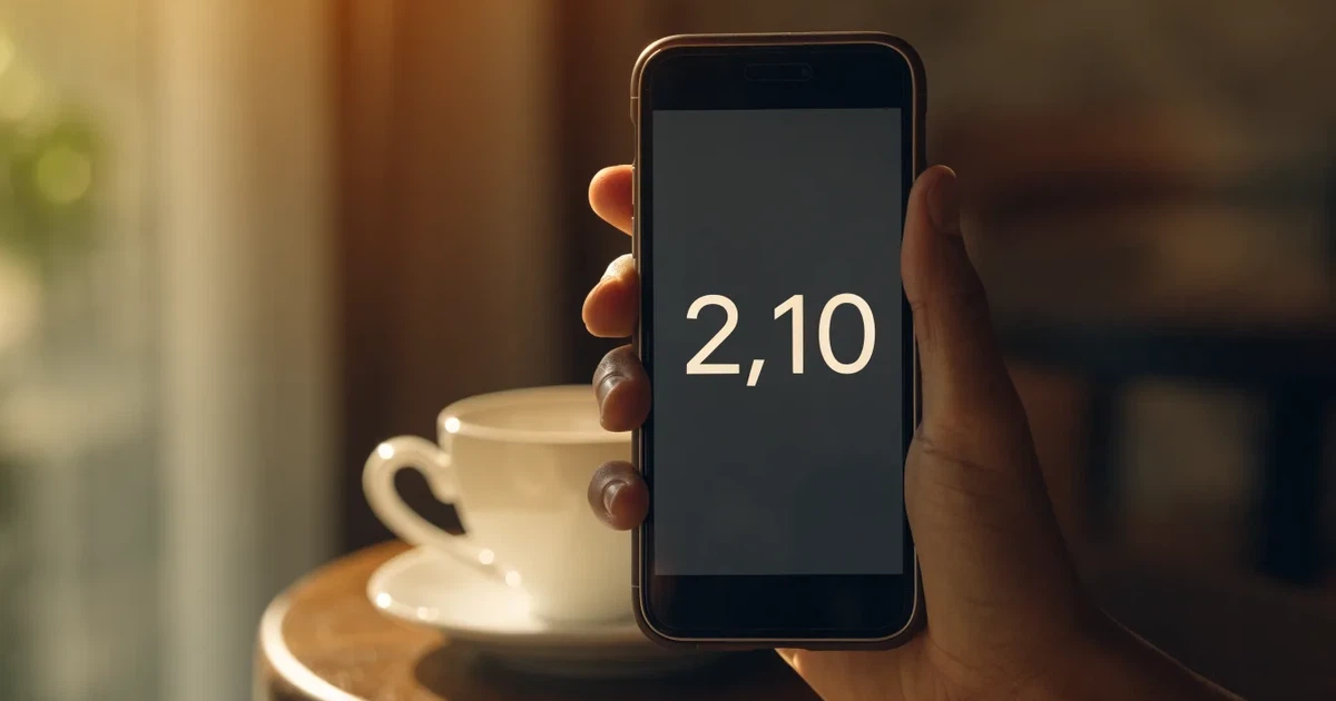 Eine Hand hält ein Smartphone mit dunklem Display, im Hintergrund unscharf ein Café-Tisch mit einer Tasse.