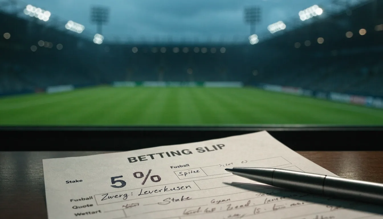 Eine leere Stadiontribüne unter Flutlicht aus der Ferne betrachtet, die Rasenfläche leuchtet grün in der Dämmerung.
