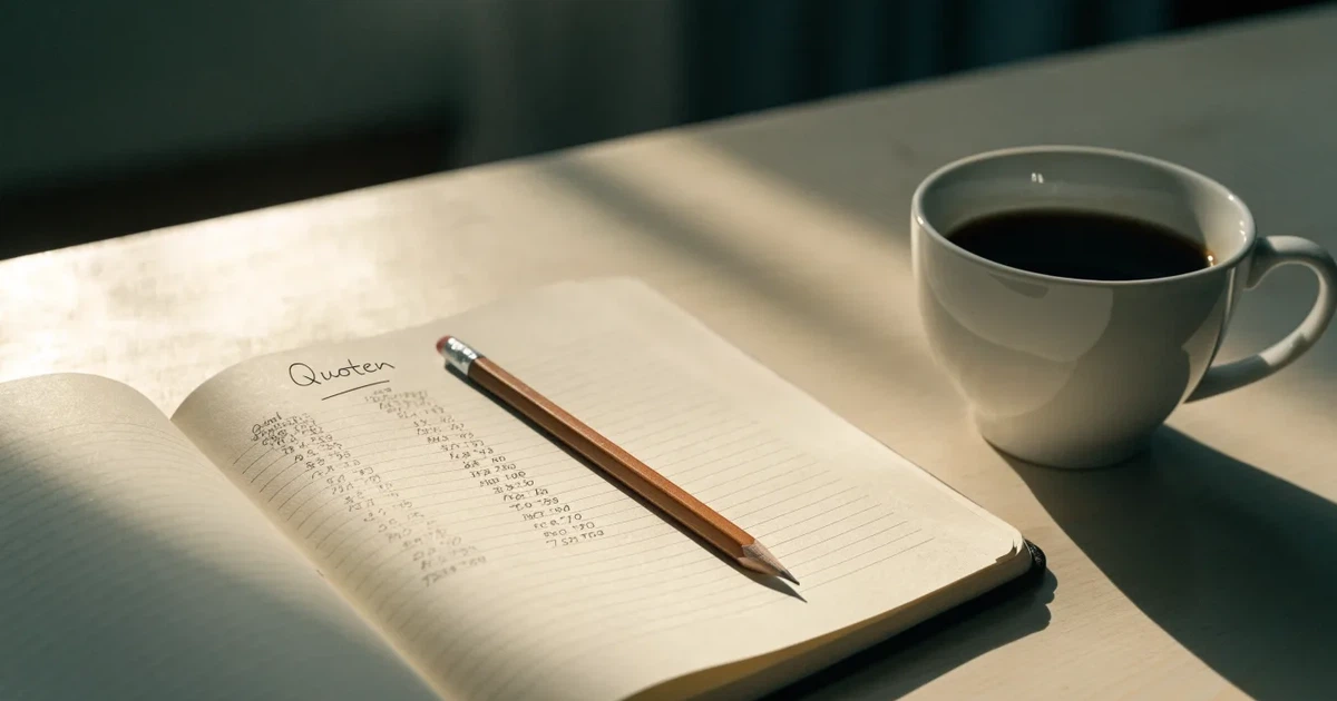 Handschriftliche Zahlenkolonnen in einem Notizbuch, daneben ein Bleistift und eine Tasse Kaffee auf hellem Holz.