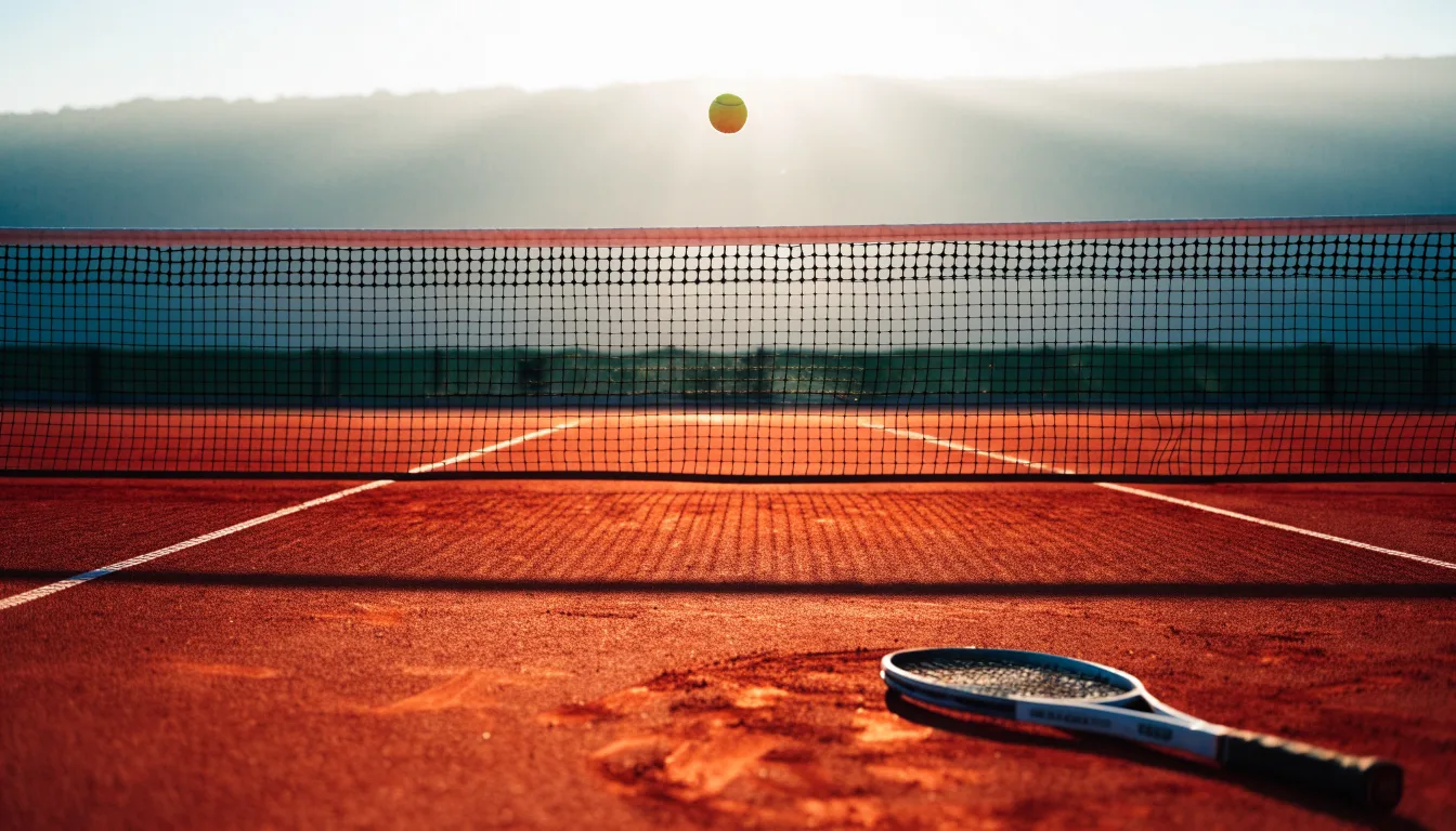 Ein Tennisplatz aus Sand bei Sonnenaufgang, das Netz im Gegenlicht, kein Mensch zu sehen.