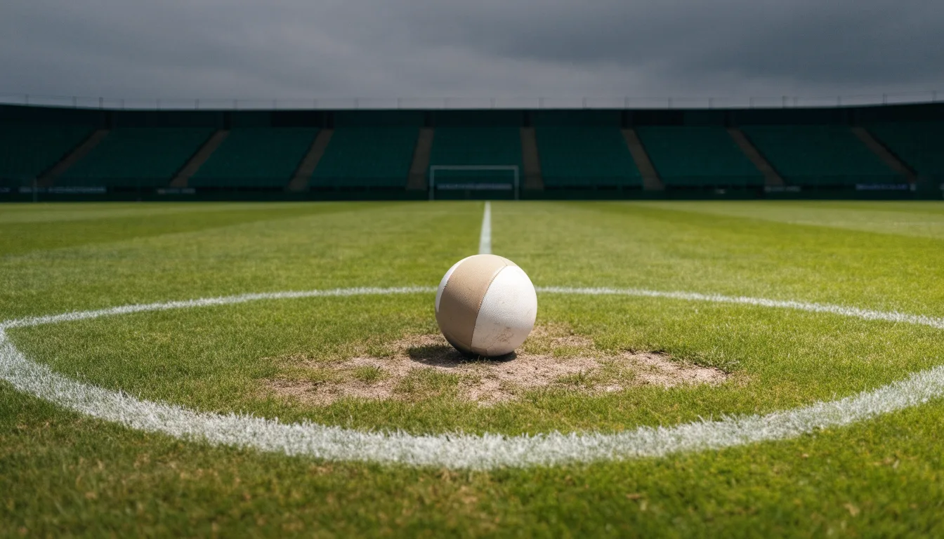 Ein Fußball liegt auf dem Anstoßpunkt eines leeren Rasenplatzes, im Hintergrund eine ruhige Tribüne unter bedecktem Himmel.