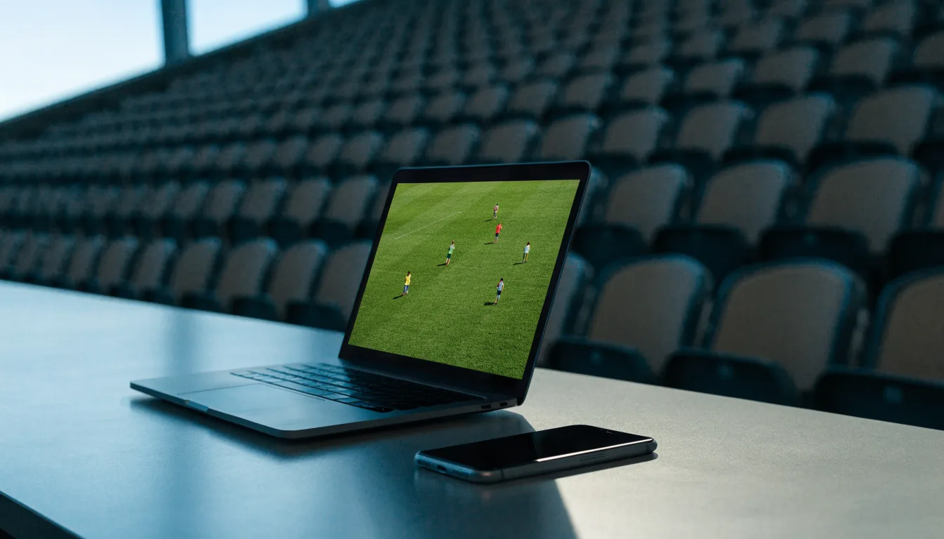 Ein leeres Fußballstadion bei Tageslicht von der Tribüne aus gesehen, der Rasen zeigt gleichmäßige Mähstreifen.