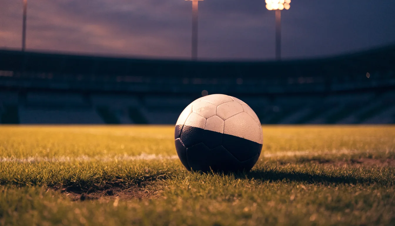 Ein Fußball liegt auf dem Rasen eines leeren Platzes, im Hintergrund ein Stadion unter Flutlicht in der Abenddämmerung.