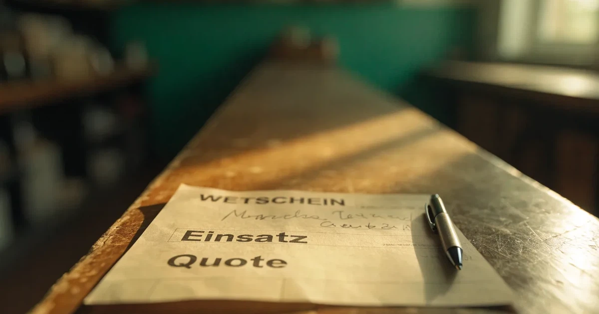 Ein leerer Wettschein aus Papier liegt neben einem Stift auf einer hölzernen Theke, weiches Licht fällt von der Seite ein.