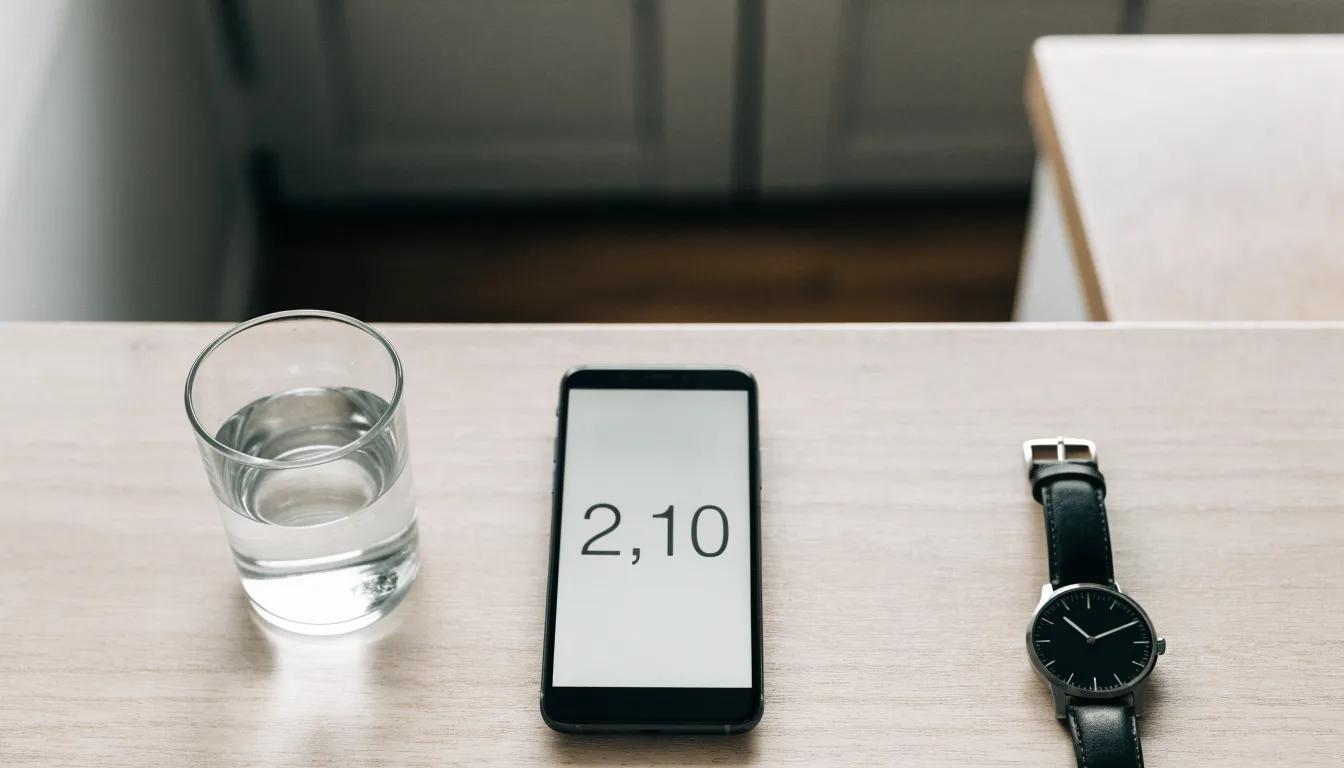 Ein Smartphone liegt mit dem Display nach unten auf einem Küchentisch, daneben stehen ein Glas Wasser und eine Armbanduhr.
