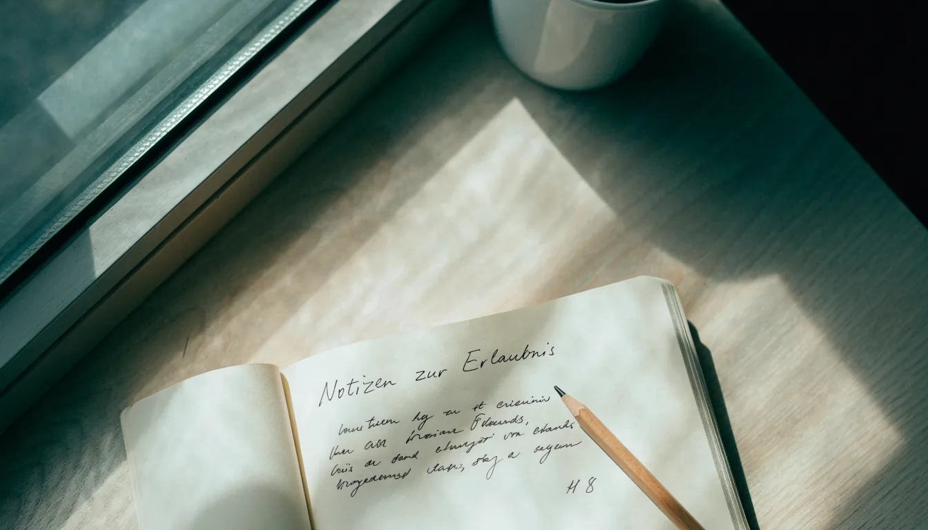 Ein Notizbuch mit handschriftlichen Notizen und ein Bleistift liegen auf einem Schreibtisch am Fenster, draußen fällt Morgenlicht herein.