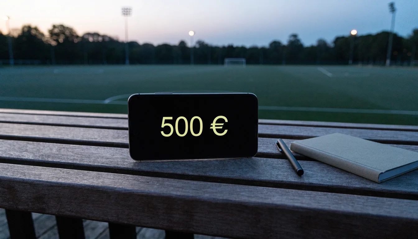 Eine leere Parkbank am Rand eines Fußballfelds in der Abenddämmerung, im Hintergrund ragen dunkle Flutlichtmasten in den Himmel.