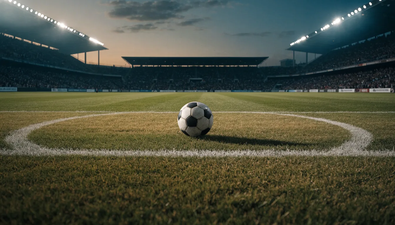 Ein Fußball liegt auf dem Anstoßpunkt eines leeren Rasenplatzes, im Hintergrund steht ein Stadion unter Flutlicht in der Dämmerung.