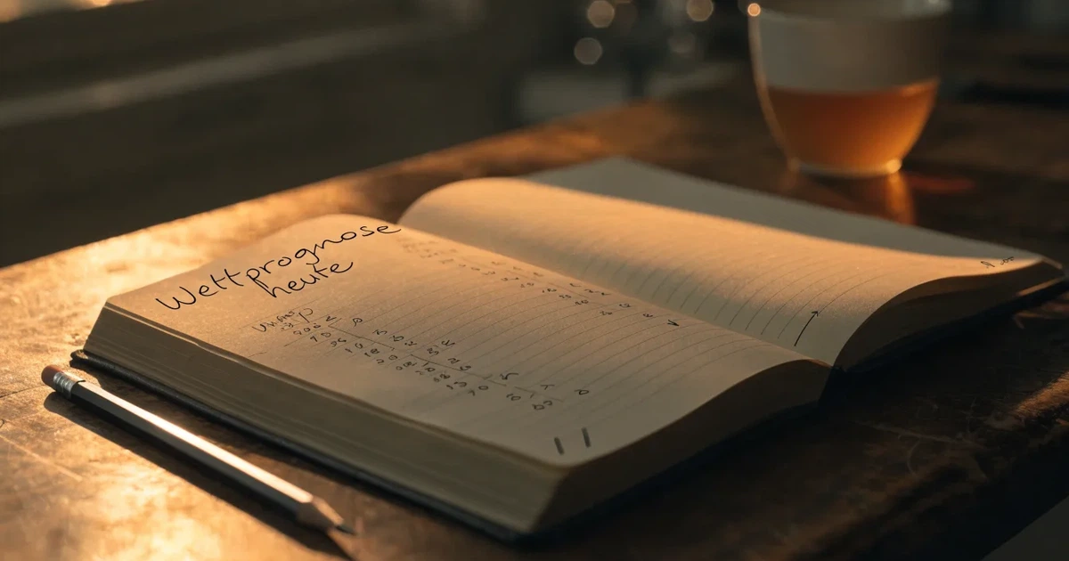 Ein Notizbuch mit handschriftlichen Notizen und Pfeilen liegt aufgeschlagen auf einem Schreibtisch, daneben ein Bleistift und eine Tasse Tee.