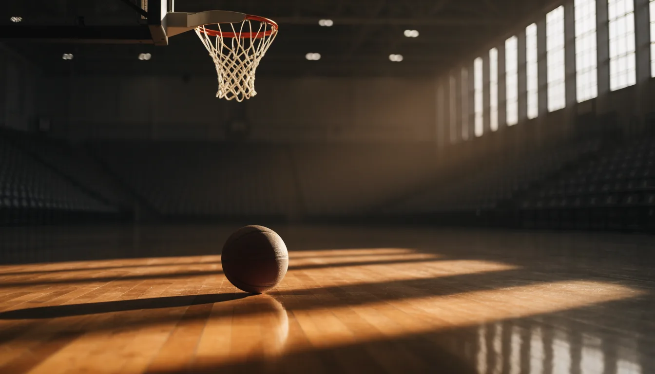 Ein Basketball liegt auf dem Hallenboden unter einem Korb, das Netz hängt ruhig, Morgenlicht fällt durch hohe Fenster.