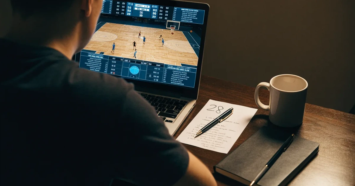 Eine leere Basketballhalle von einer oberen Tribünenreihe aus gesehen, Parkett und Körbe im Licht der Hallenstrahler.
