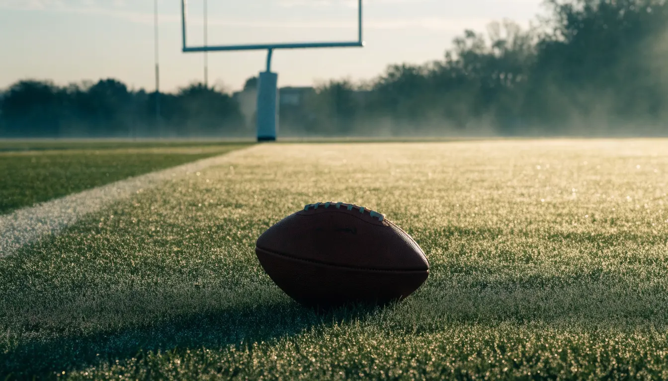 Ein ovaler Lederball mit heller Schnürung liegt auf dem Rasen vor der Endzone, Tau auf dem Gras im ersten Morgenlicht.