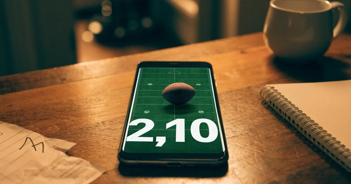 Ein American-Football-Feld mit weißen Yardlinien im Flutlicht, von einer hohen Tribüne aus gesehen, die Ränge leer, Zahlen nicht erkennbar.