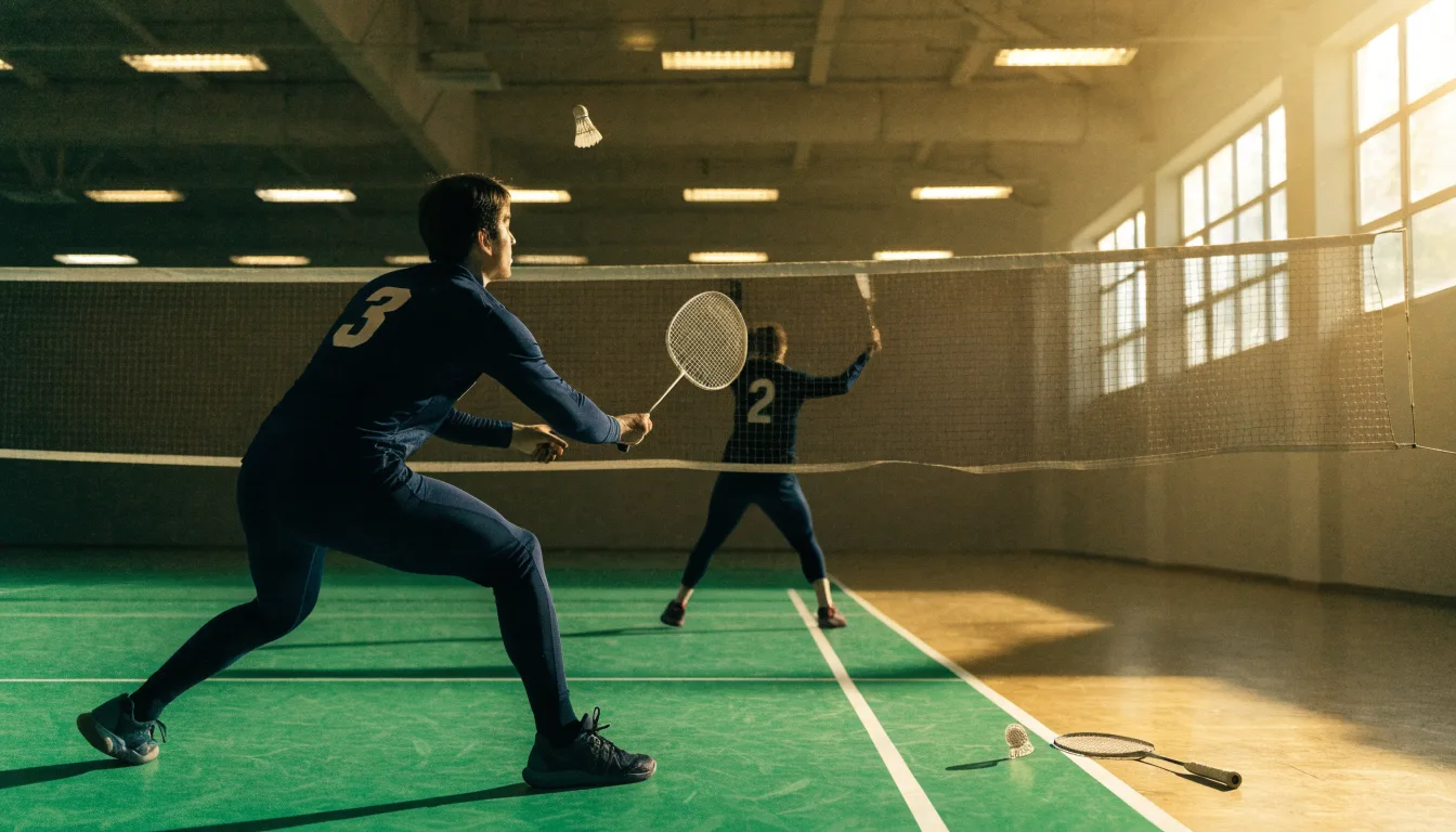 Zwei Badmintonschläger und ein Federball liegen auf einem Holzboden neben der Seitenlinie, weiches Licht fällt von der Seite ein.
