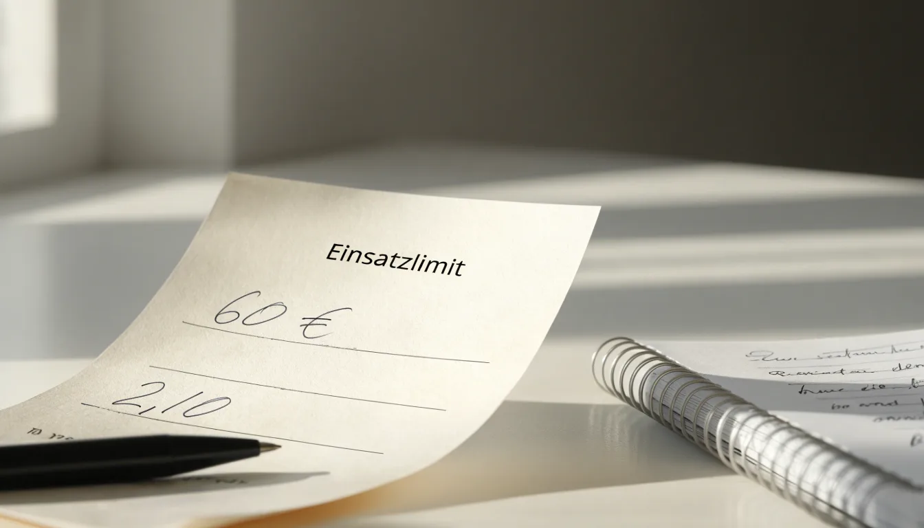 Ein leerer Papierwettschein und ein Kugelschreiber auf einer glatten Schreibtischplatte, daneben ein aufgeschlagenes Notizbuch mit handschriftlichen Notizen.